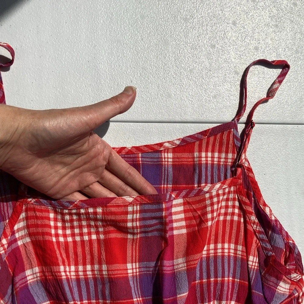 So Crop top red plaid cinch waist cropped tank top casual boho sleeveless - Picture 14 of 16